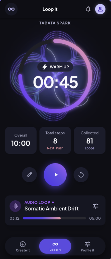 loopIt timer screen: loop Tabata Spark, step Warm up, 00:45 left, with total time, steps and collected loops below